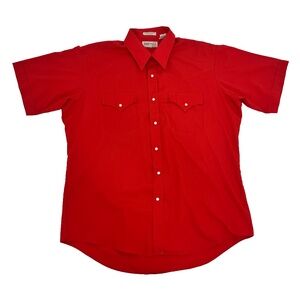 Sheplers Mens Sz 17 Button Up‎ Shirt Red Pearl Snap Sawtooth Pocket Short Sleeve